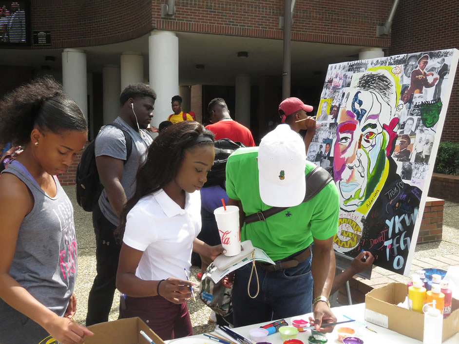 Students working on Founder's art project.